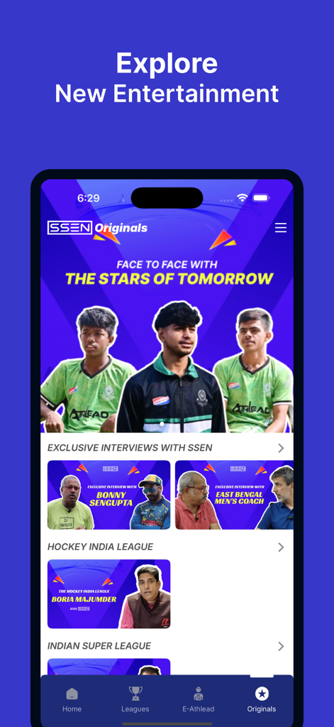 SSEN - Écran de l'application mobile SSEN présentant du contenu sportif original indien et des interviews d'athlètes.