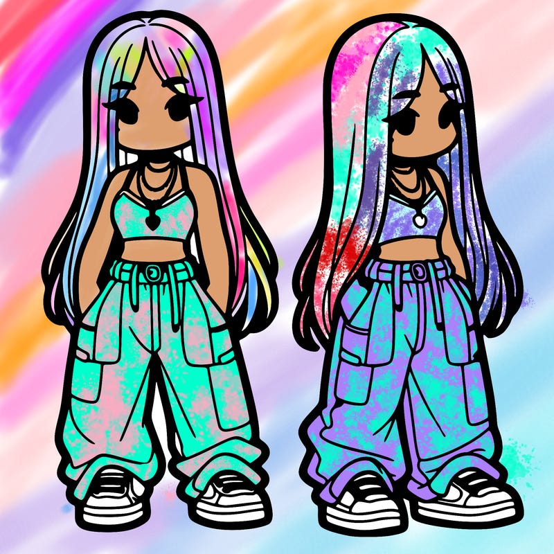 girl in baggy pants crop top and long hair