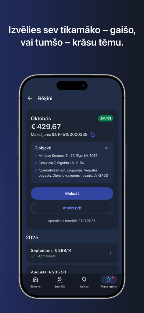 Ignitis Latvija energy app billing screen showing monthly cost details for multiple properties in dark mode