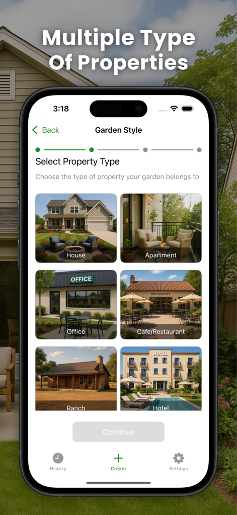 Bildschirm der AI Garden Design App zur Auswahl von Immobilientypen wie Haus, Wohnung, Büro und Café