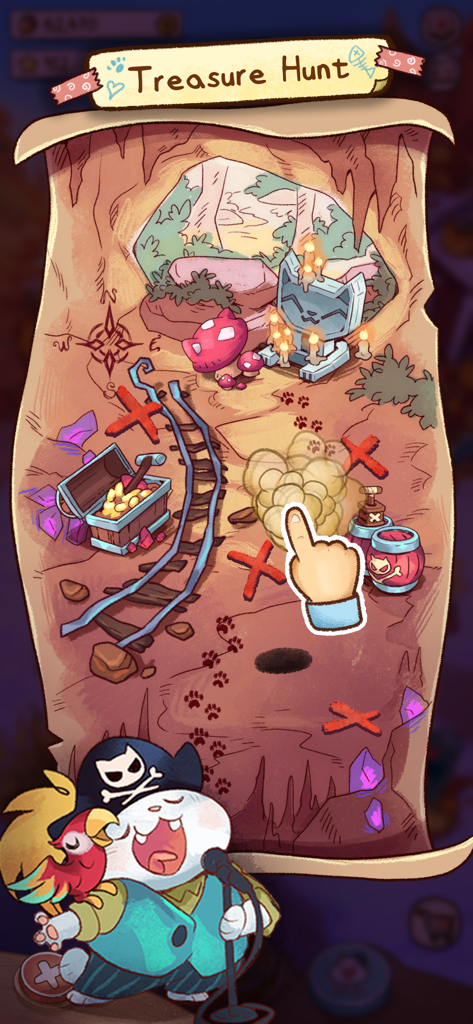 Campfire Cat Cafe - A pirate cat hosting a treasure hunt mini game on a hand-drawn map.