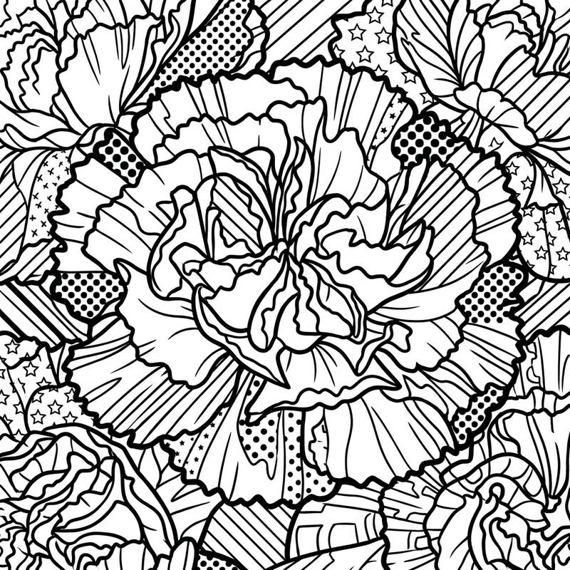 Experience the classic beauty of carnation petals reimagined through the dynamic lens of Pop Art. This unique coloring page bursts with bold lines, playful patterns, and a modern aesthetic, ready for your creative touch.
