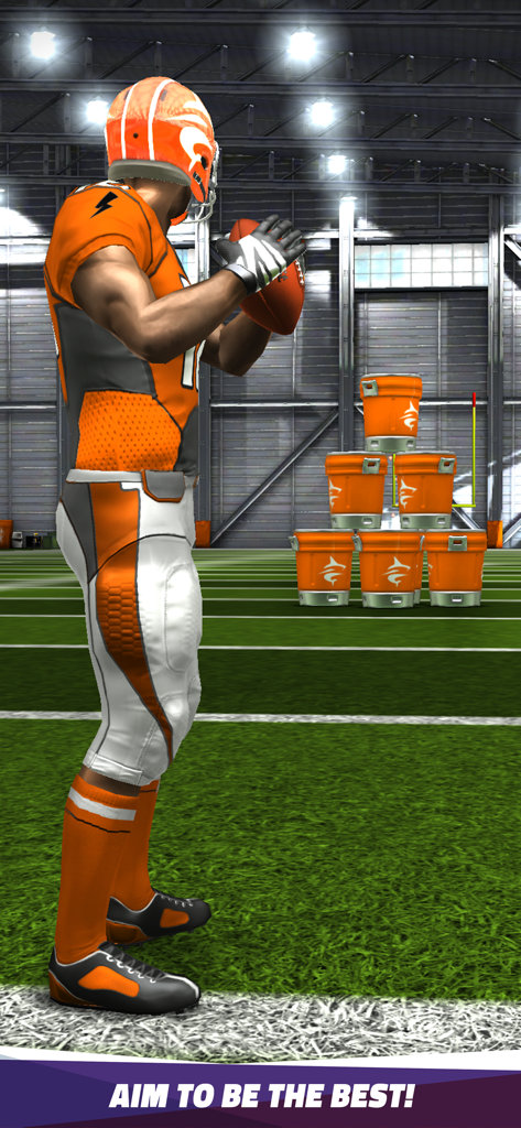Flick Quarterback 25 - A football player in an orange and white uniform aims at a stack of orange buckets in an indoor training facility