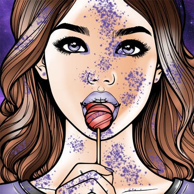 a realistic girl with a lollipop in her mouth