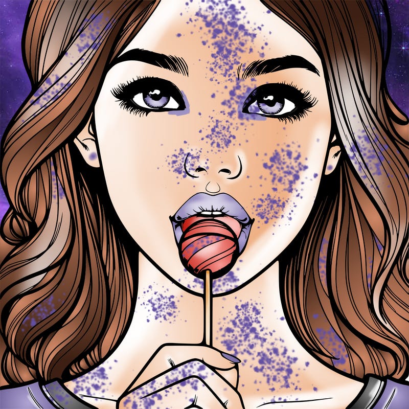 a realistic girl with a lollipop in her mouth