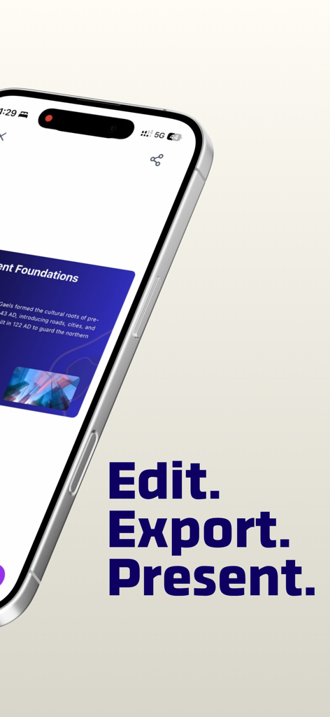 Uma tela de smartphone mostrando o texto Editar Exportar Apresentar para o aplicativo móvel do gerador de slides GammaAI