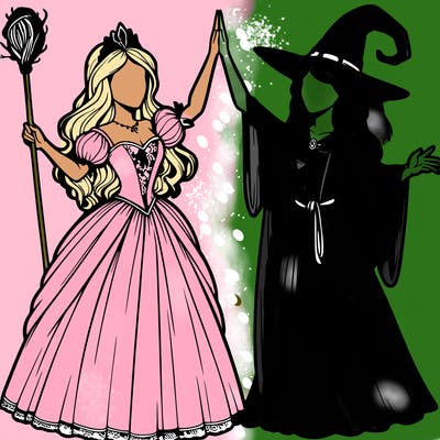 detailed realistic split of a princess and a witch
