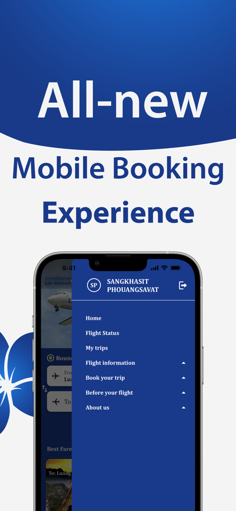 Lao Airlines - 항공권 예약 및 여정 관리 옵션이 포함된 라오항공 앱 메뉴를 보여주는 스마트폰.