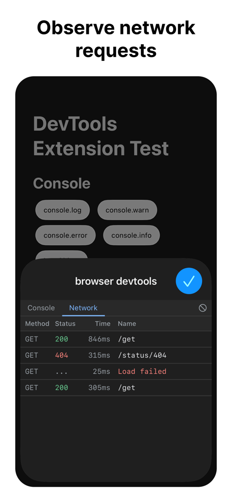 Mobile App-Oberfläche, die Netzwerk-Anforderungsprotokolle mit HTTP-Statuscodes und Antwortzeiten anzeigt.