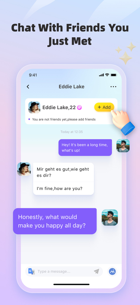 Gala - Social chat - A screenshot of the Gala app interface showing a chat conversation with a new friend and an integrated translation tool.