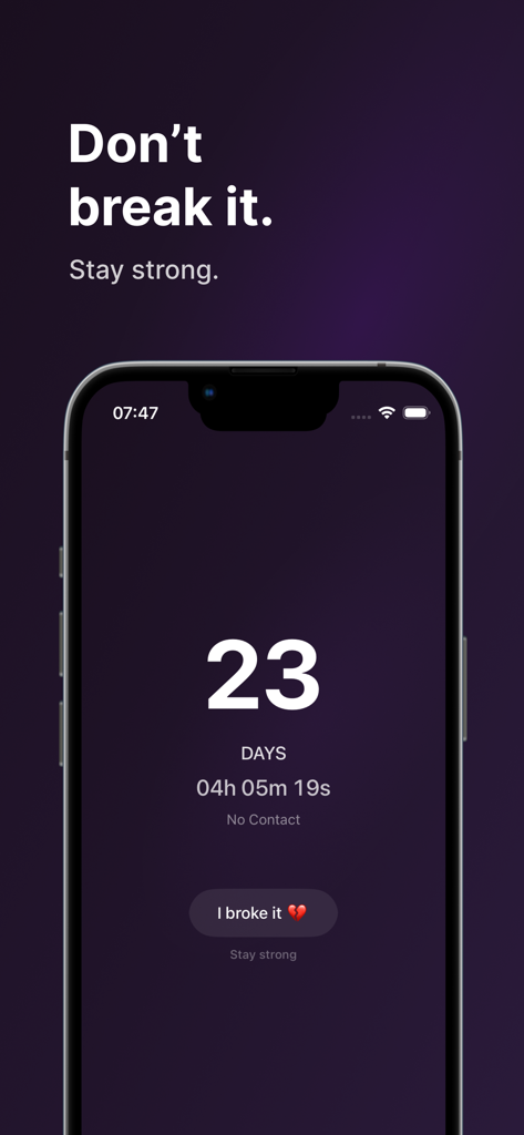 No Contact Days app interface showing a 23-day breakup recovery streak.