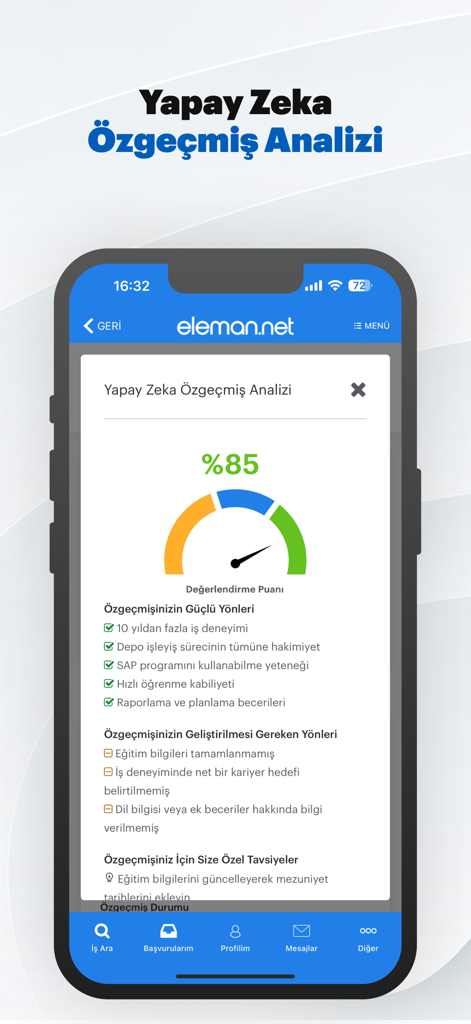 Eleman net mobile app screen showing AI powered resume analysis and feedback