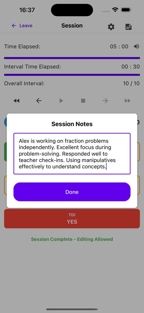 Behavior Observation: BOSS - Behavior observation session notes window showing student progress comments