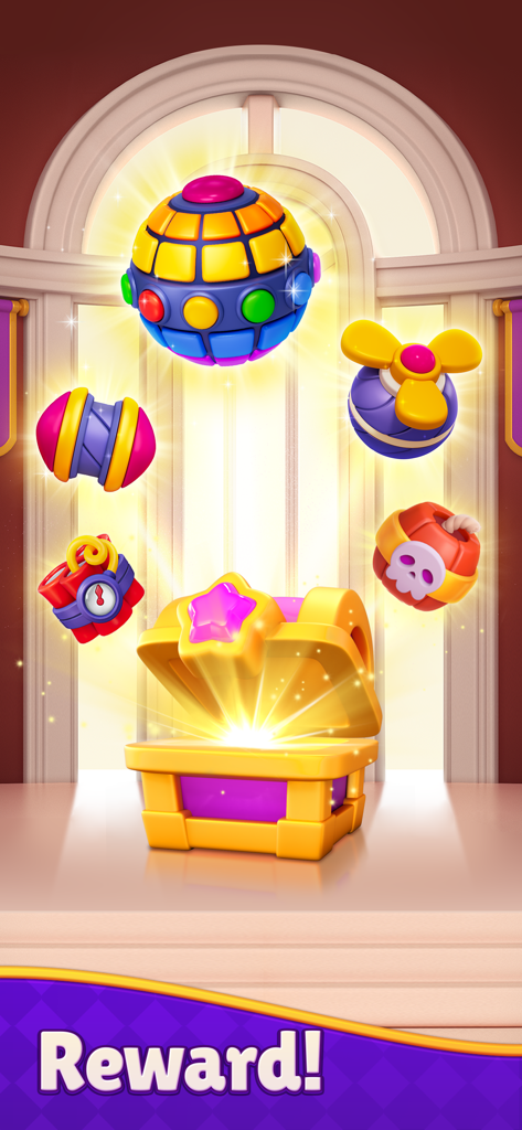 Dream Mania - Match 3 Games - Um baú dourado brilhante se abrindo para revelar boosters de jogo coloridos e recompensas