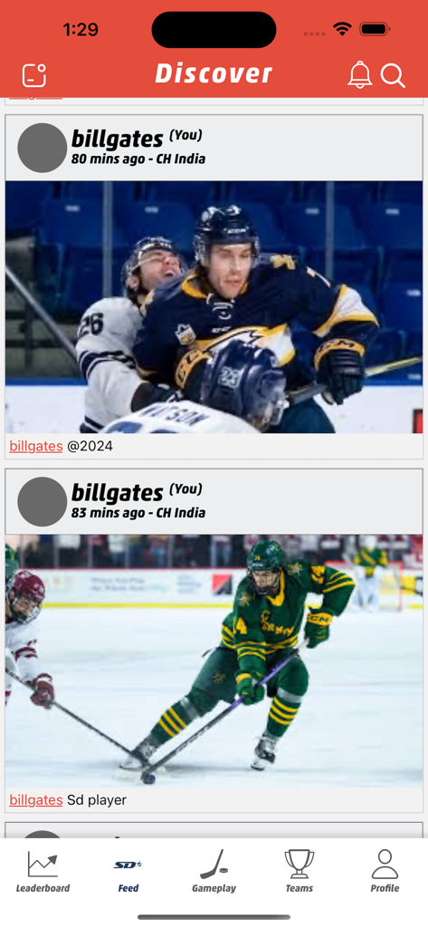 SuperDeker App - The social discover feed in the SuperDeker app displaying user posts and hockey action photos.