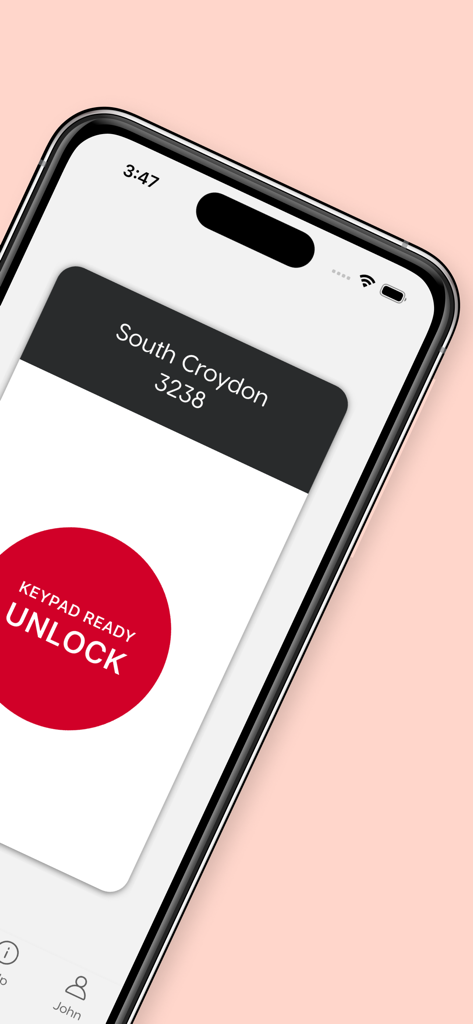 A smartphone screen displaying the Shurgard app with a large red button to unlock a self storage unit at the South Croydon location