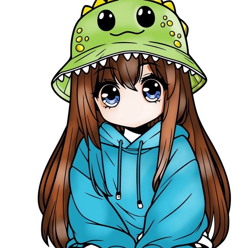 girl with anime shaped eyes with a dinosaur bucket hat oversized sweatshirt long straight hair