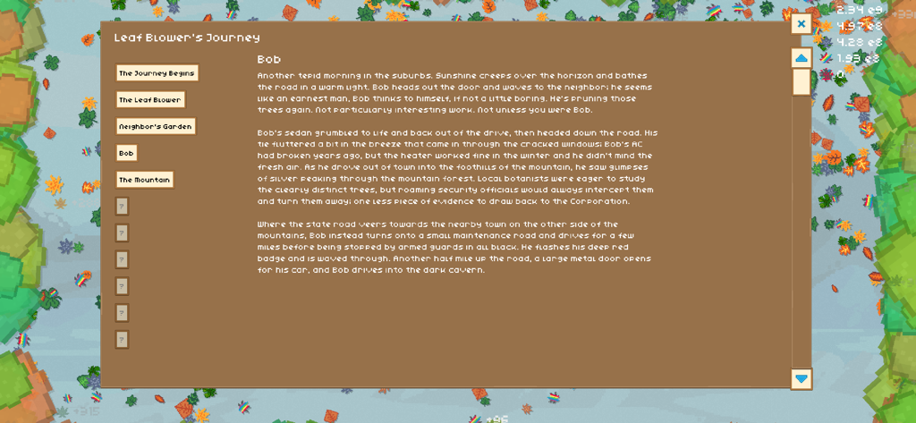 Leaf Blower Revolution - Una pantalla de menú del juego Leaf Blower Revolution mostrando la narrativa de la historia de un personaje llamado Bob