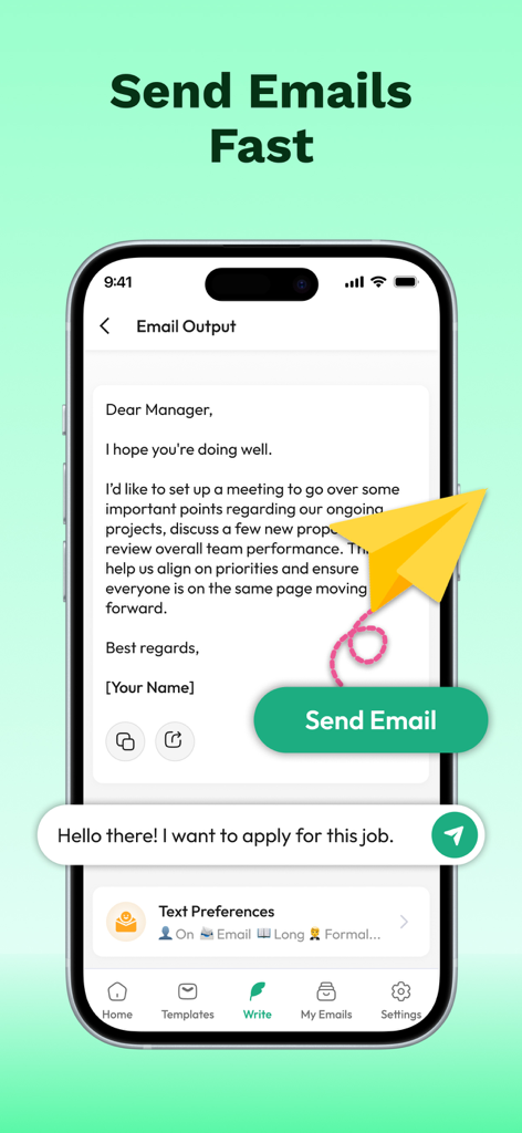 AI Email Writer - All MailBox - AI Email Writer app interface showing a professional email draft generated from a prompt with a large green send button.
