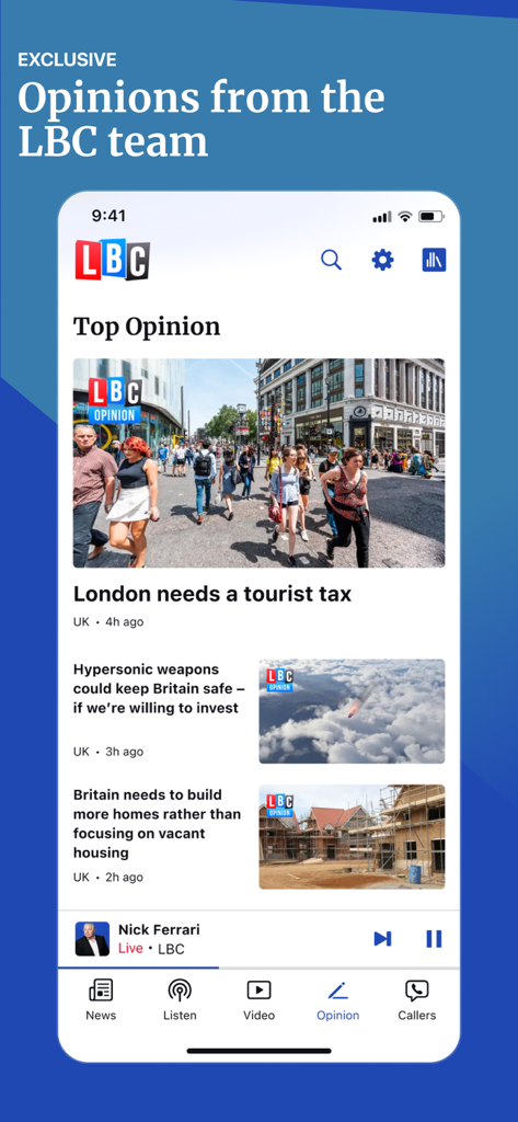 LBC: UK, World & Breaking News - LBCアプリには、トップのオピニオン記事とライブラジオ放送が表示されています