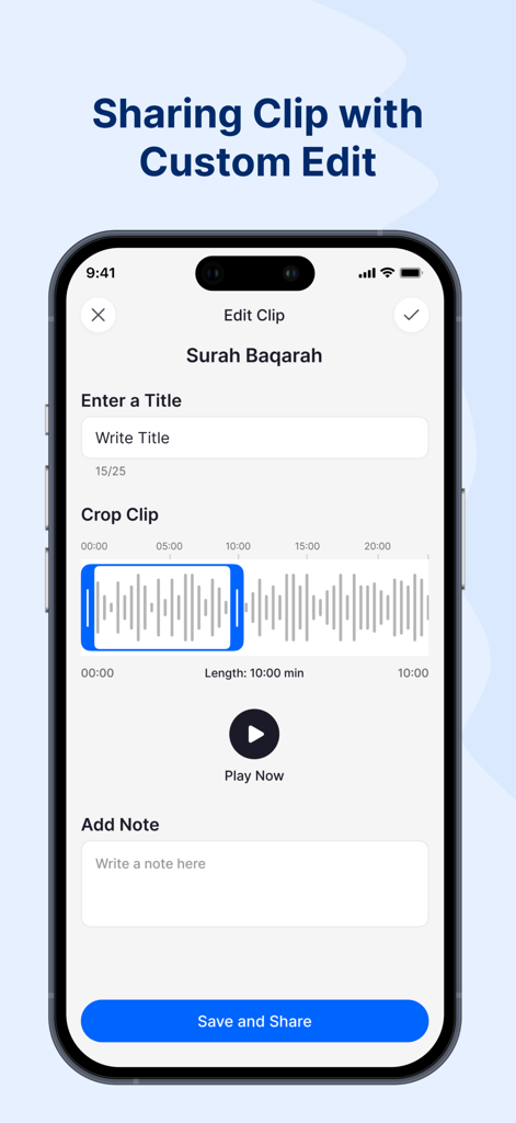 A mobile app screen showing the sharing clip and custom edit interface for The Clear Quran Audiobook.
