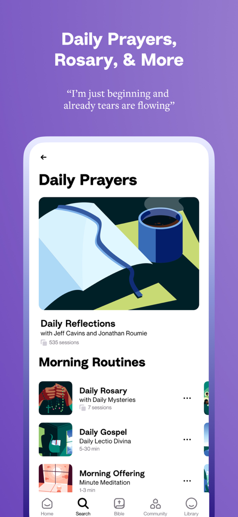 Interfaccia dell'app Hallow che mostra le preghiere quotidiane, il Rosario e le opzioni della routine mattutina