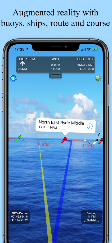 Application SeaNav US affichant la navigation marine en réalité augmentée avec des bouées et des navires
