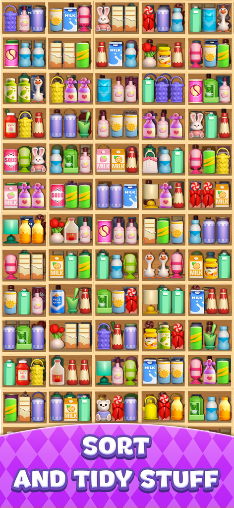 Gameplay of Match Triple Sort Goods Master showing shelves filled with 3D household items and the caption Sort and Tidy Stuff