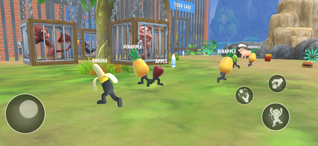 Crazy Monkey Zoo Survival Game - Personagens de frutas com pernas correndo em um zoológico em Crazy Monkey Zoo Survival Game