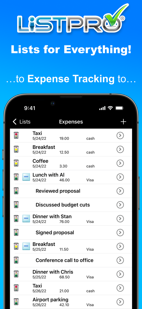 ListPro - ListPro mobile app interface showing an expense tracking list with columns for dates prices and payment methods