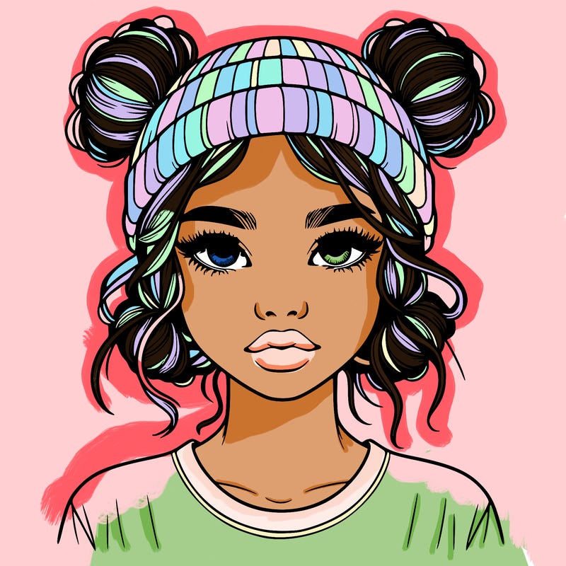 realistic girl with buns in her hair with a beanie on