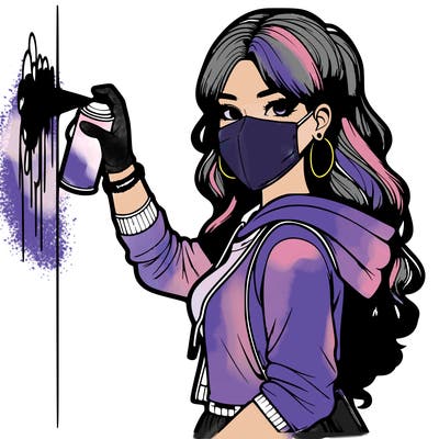 realistic girl with mask spray painting a wall