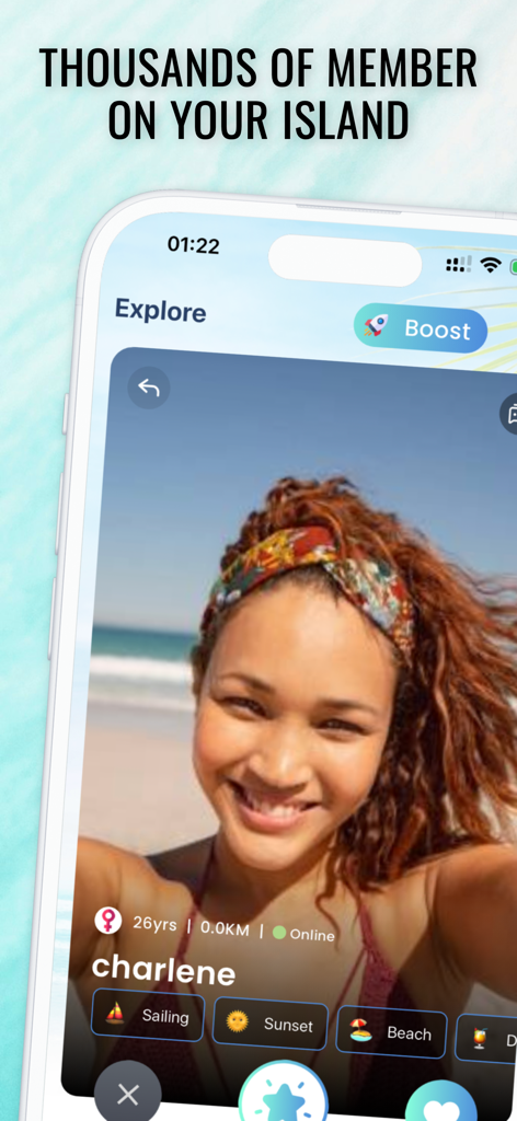 Lovisland dating app screen showing a user profile named Charlene with island and beach interests