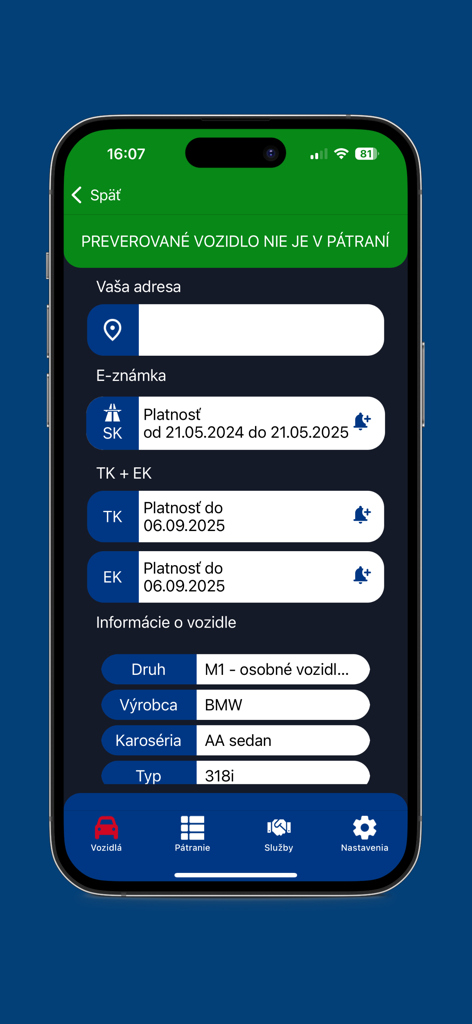 HAKA System+ - Aplicación HAKA System plus que muestra los detalles del vehículo y el estado de la inspección técnica de un sedán BMW