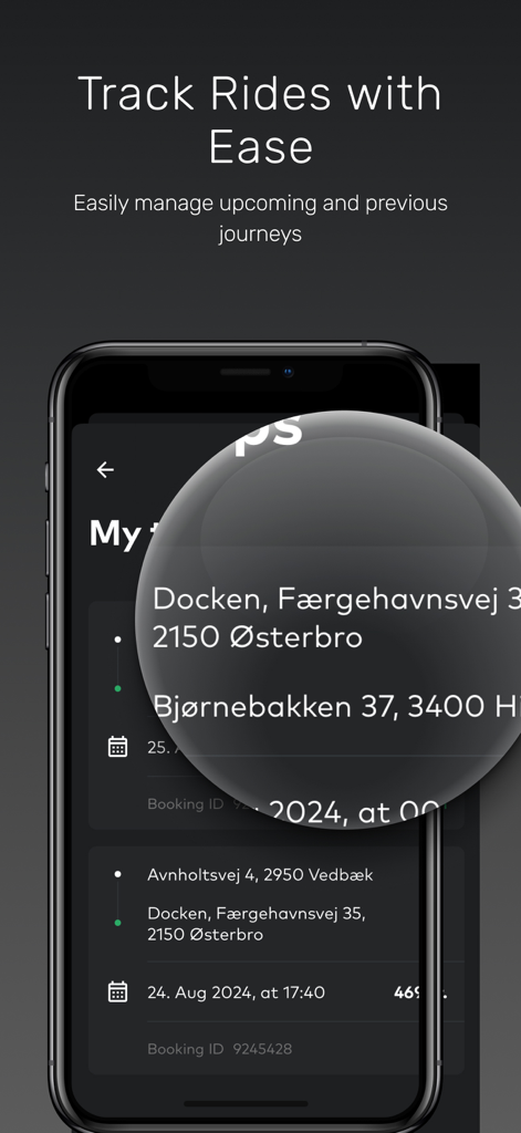 Dantaxi app interface showing ride tracking and journey history on a smartphone