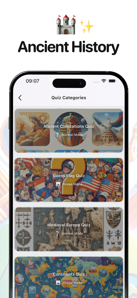 Screenshot der Geografie: Weltenquiz-App mit Kategorien für Antike Zivilisationen, Flaggenraten und Mittelalterliches Europa