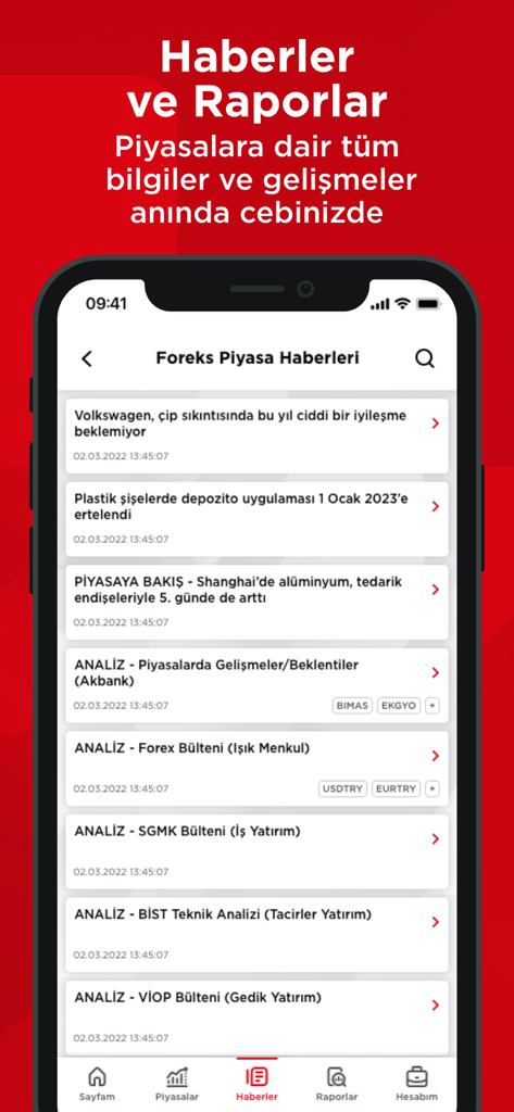 ZBorsa (Ziraat Yatırım Borsa) - ZBorsa mobile app interface showing a list of forex market news and financial analysis reports