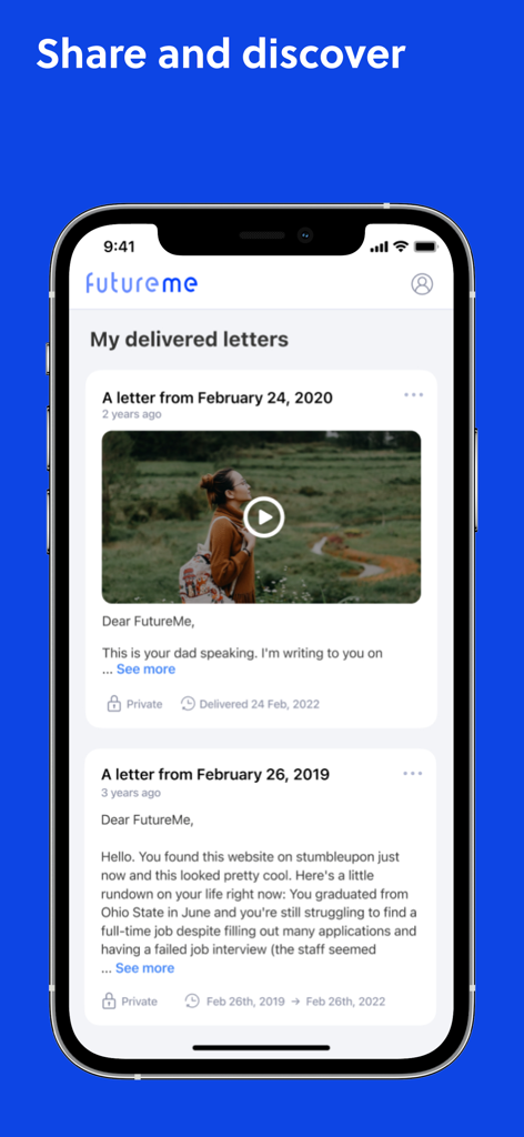 Capture d'écran de l'application FutureMe montrant des lettres livrées, y compris un message vidéo et une réflexion sur l'obtention du diplôme.
