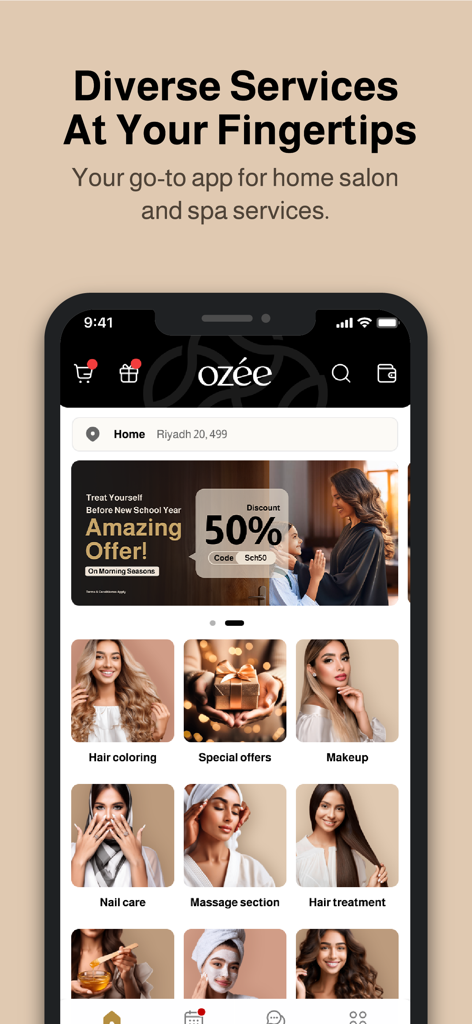 The Ozee app home screen displaying a variety of beauty and spa services including hair coloring makeup nail care and massage