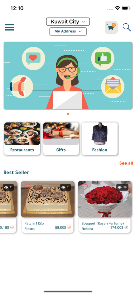 Sky Application - Sky Application Startbildschirm mit Shopping-Kategorien für Geschenke, Mode und Bestseller-Produkte