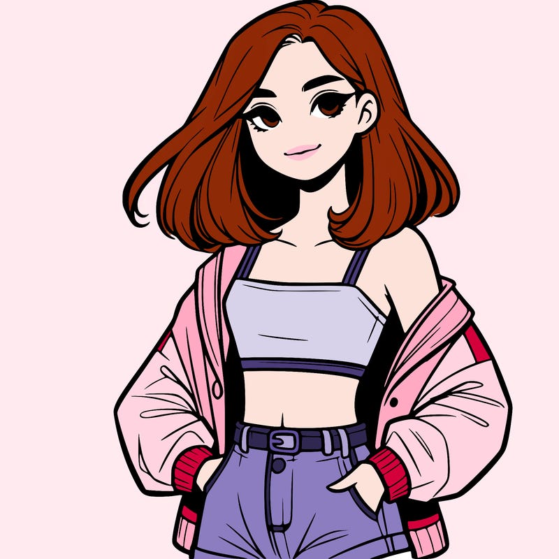 a realistic girl with a crop top and short shorts in an open jacket