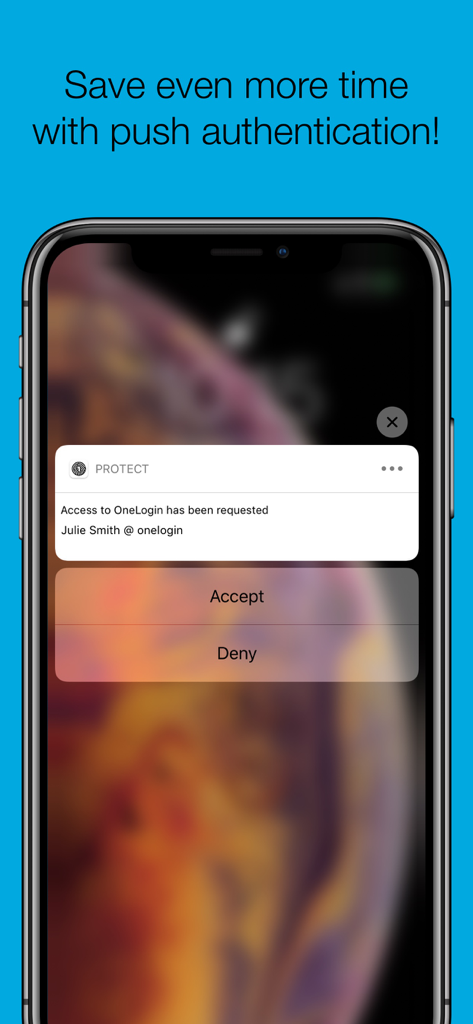 OneLogin Protect push notification on an iPhone with Accept and Deny buttons