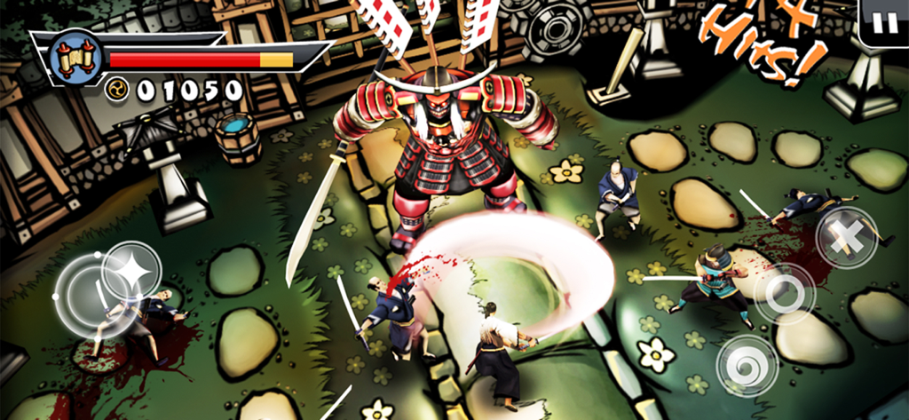 Samurai 2: Vengeance - A gameplay screenshot of Samurai 2 Vengeance showing the protagonist fighting a giant boss and several enemies in a stylized manga art style.