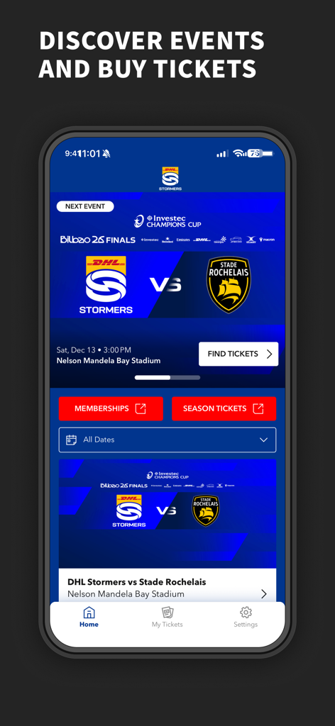 DHL Stormers - Pantalla de la aplicación móvil DHL Stormers que muestra detalles del partido de rugby y un botón para encontrar entradas