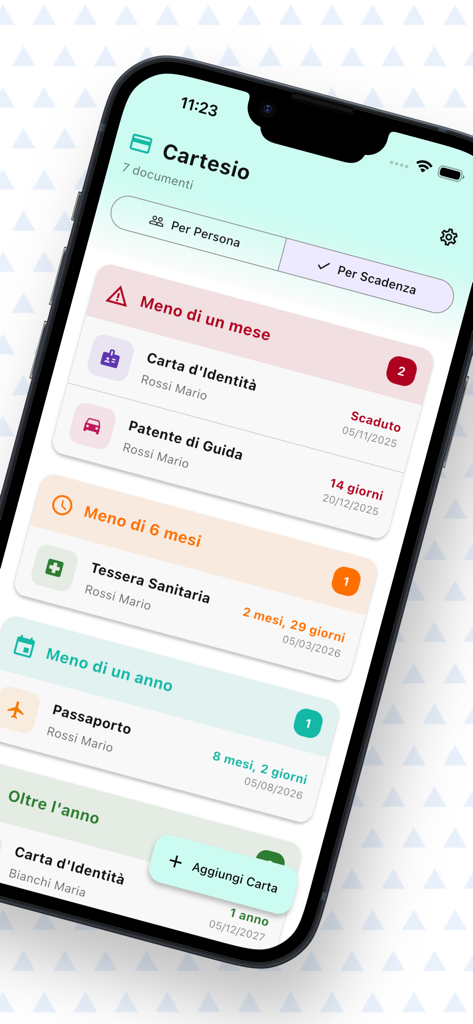 Interface of Cartesio app showing digital documents sorted by expiration date and upcoming alerts