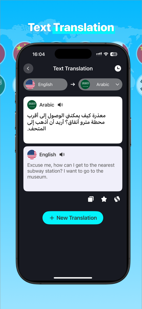 AI Real-time Translator - KI-Echtzeitübersetzer-App zeigt englische zu arabische Textübersetzung für Reisehinweise auf einem iPhone.