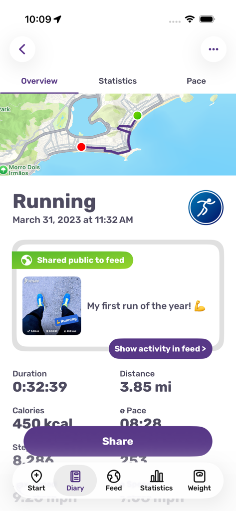 Running activity summary on FITAPP showing a GPS map distance and calories burned