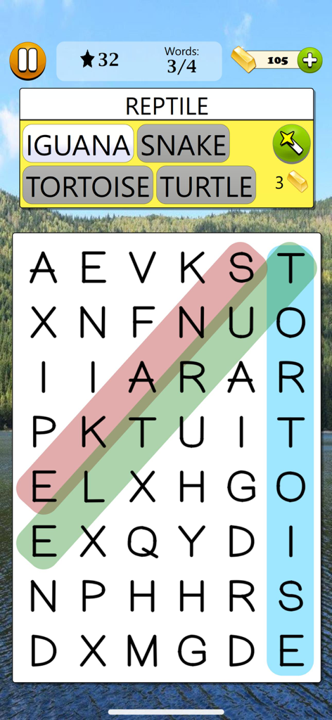 Word Search - Word Game - 거북이와 뱀과 같은 강조 표시된 단어가 있는 파충류 테마 퍼즐을 보여주는 모바일 단어 검색 게임 인터페이스.