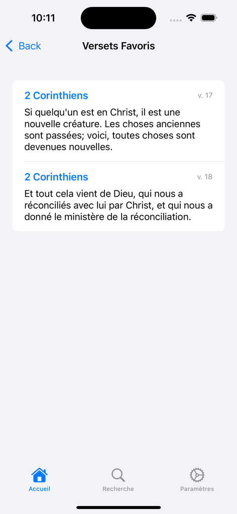 Bible-hymne-Guide - Tela Versets Favoris exibindo versículos bíblicos salvos em francês