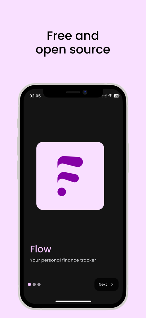 Flow: Expense tracker - Welcome screen of the Flow personal finance tracker app displaying its logo and the free and open source headline.